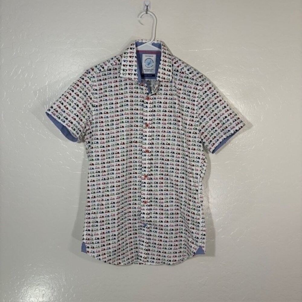 A Fish Named Fred Shirt Mens XS Scooter Print Short Sleeve Button Up Stretch